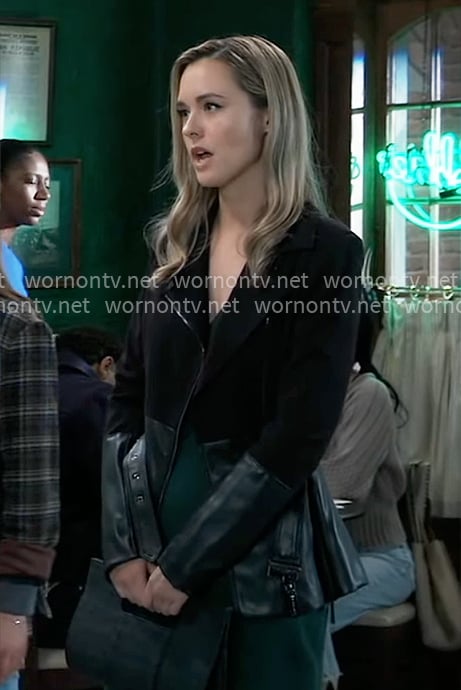Jacinda’s black leather detail jacket on General Hospital