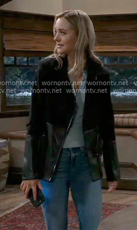 Jacinda's black leather detail jacket on General Hospital