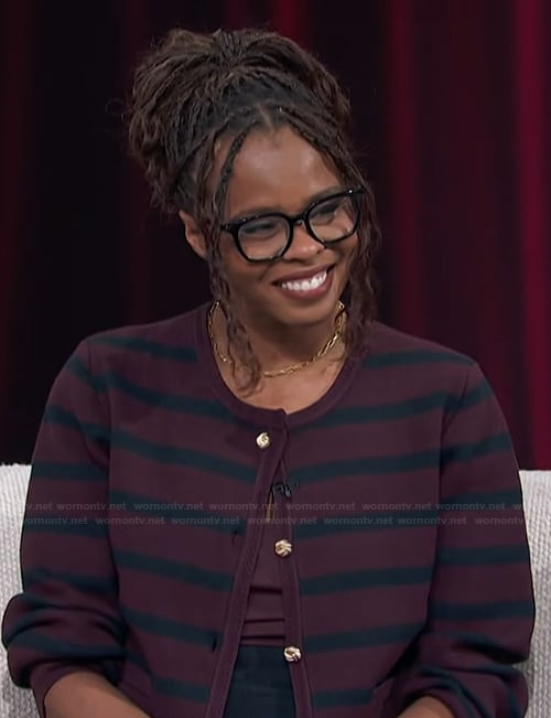 Jacqueline Coley’s striped cardigan on Access Hollywood