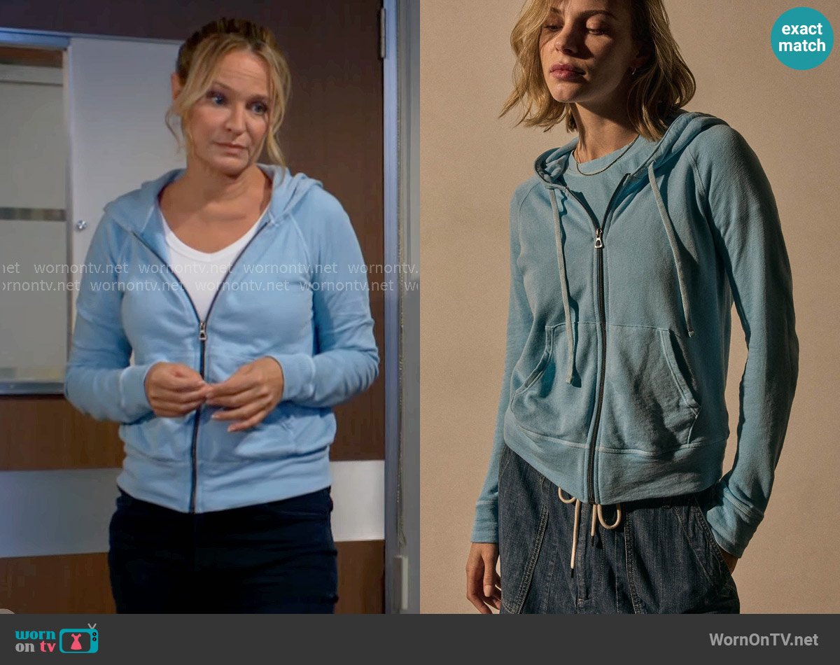 James Perse Vintage French Terry Zip Up Hoodie in Skipper Pigment worn by Sharon Newman (Sharon Case) on The Young and the Restless