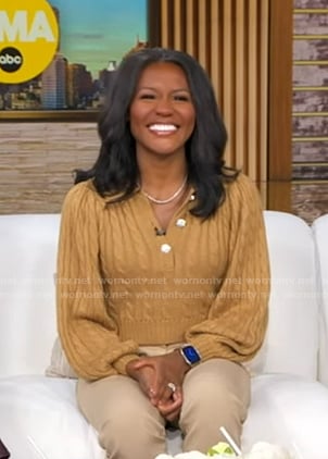 Janai's beige cable knit sweater on Good Morning America