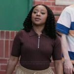 Janine's brown ribbed short sleeve sweater on Abbott Elementary
