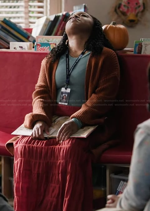 Janine’s red smocked skirt on Abbott Elementary