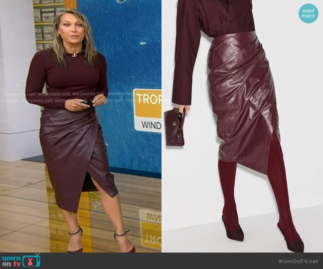 Jason Wu Faux Leather Midi Skirt in Burgundy worn by Ginger Zee on Good Morning America