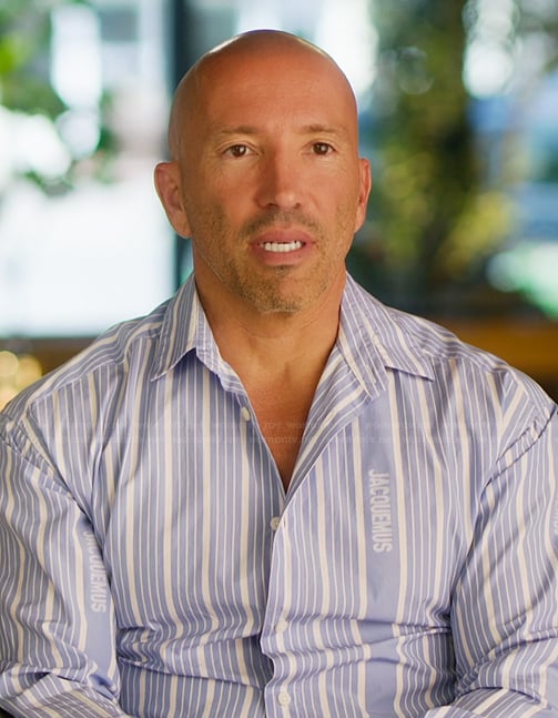 Jason's blue stripe confessional shirt on Selling Sunset