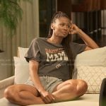 Jax’s black print crop tee on Reasonable Doubt