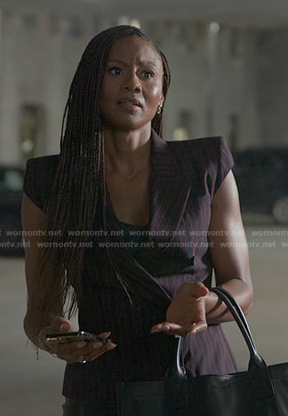 Jax’s black pinstripe cap sleeve blazer on Reasonable Doubt