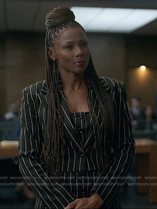 Jax's black striped crop blazer and dress on Reasonable Doubt
