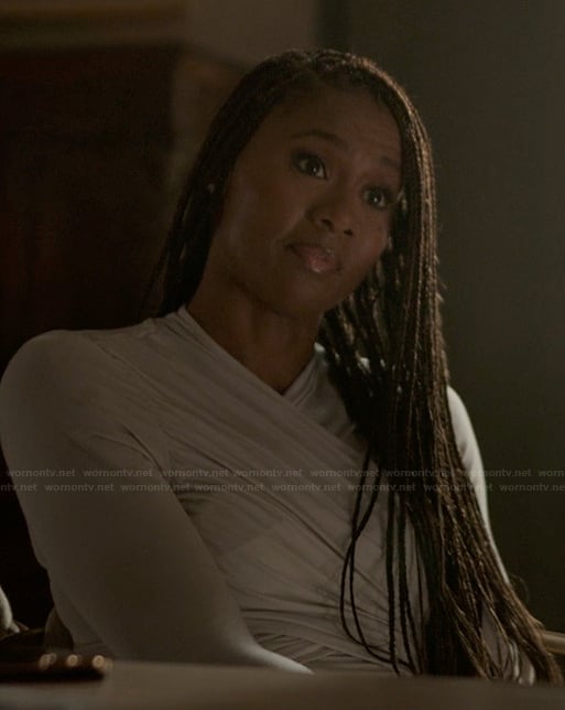 Jax's gray long sleeve wrap top on Reasonable Doubt