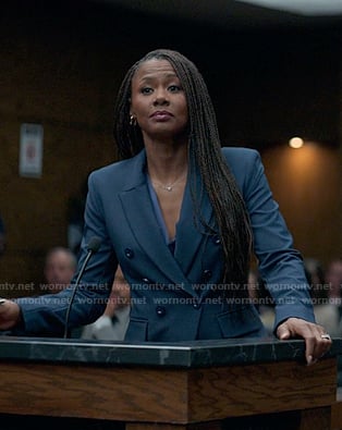 Jax's navy doube breasted blazer on Reasonable Doubt