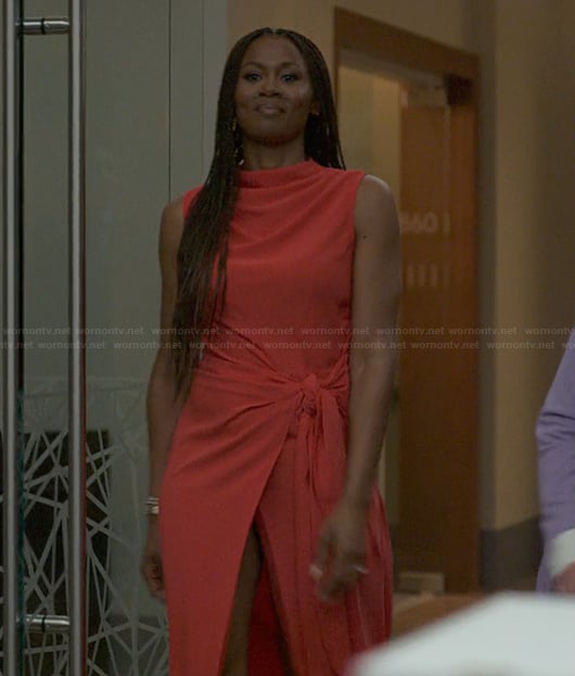 Jax's red tie front maxi dress on Reasonable Doubt