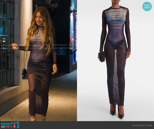 Chrishell’s navy mesh long dress on Selling Sunset