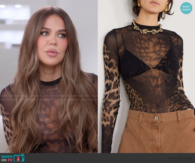 Jean Paul Gaultier Mesh Long Sleeve Printed Top With Lace worn by Khloe Kardashian (Khloe Kardashian) on The Kardashians
