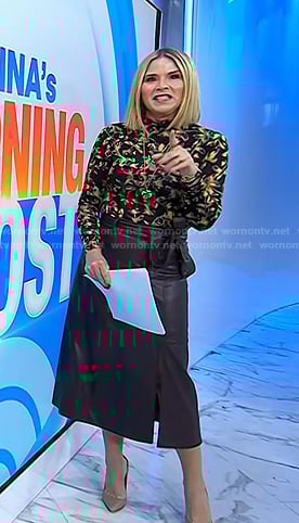 Jenna’s black floral turtleneck top and leather skirt on Today