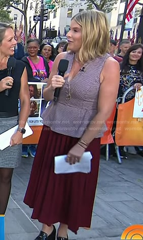 Jenna’s houndstooth peplum top and red skirt on Today