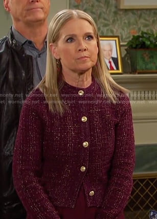 Jennifer burgundy lurex cardigan on Days of our Lives