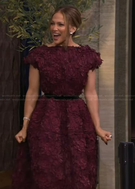 Jennifer Lopez’s burgundy floral lace dress on Live with Kelly and Mark