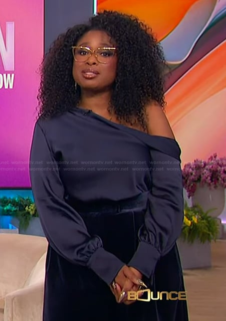 Jennifer's navy off shoulder top on The Jennifer Hudson Show