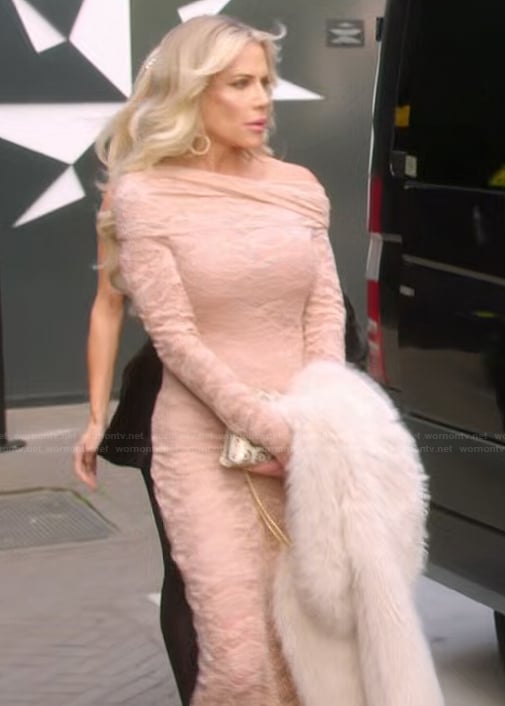 Jennifer's pink lace off shoulder dress on The Real Housewives of Orange County