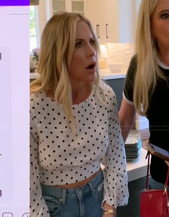 Jennifer's white polka dot print top on The Real Housewives of Orange County