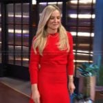 Jessica Capshaw’s red sweater and skirt on The Kelly Clarkson Show