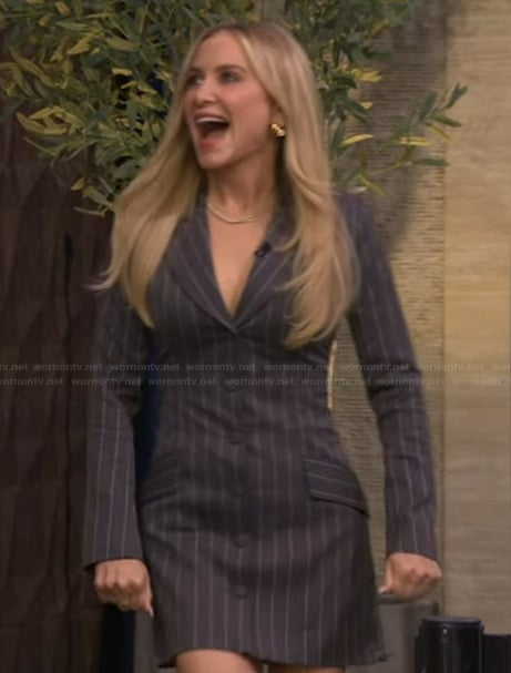 Jessica Capshaw’s black pinstripe blazer dress on Live with Kelly and Mark