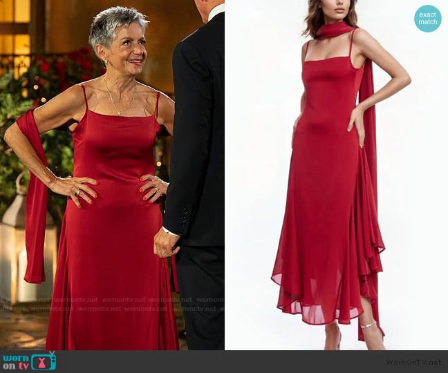 Jewel Badgley Mischka Asymmetri Chiffon Slipdress with Scarf worn by Diane Firmani on The Golden Bachelor