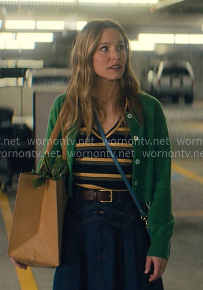 Joanne's striped top, green cardigan, and denim midi skirt on Nobody Wants This