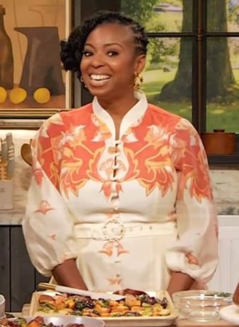 Jocelyn Delk Adams’ white floral belted dress on The Drew Barrymore Show