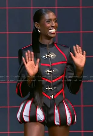 Jodie Turner-Smith's black military jacket and shrots on Tamron Hall Show