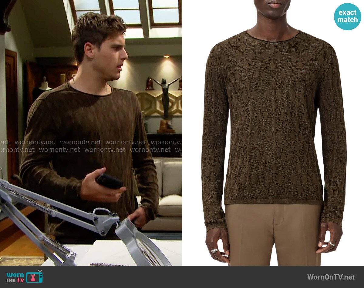 John Varvatos Brycen Sweater in Teakwood worn by Will Spencer (Crew Morrow) on The Bold and the Beautiful
