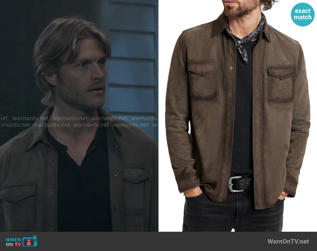 John Varvatos Izzy Suede Shirt Jacket in Earth Brown worn by Agent S. Vaughn (Bryce Durfee) on General Hospital