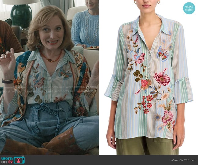 Johnny Was Silk Floral Ruffle Cuff Blouse in Zilly Stripe worn by Beryl Nix (Kate Jennings Grant) on Elsbeth