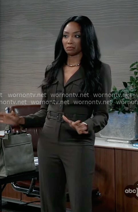 Jordan’s olive belted jumpsuit on General Hospital
