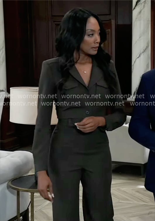 Jordan's olive belted jumpsuit on General Hospital