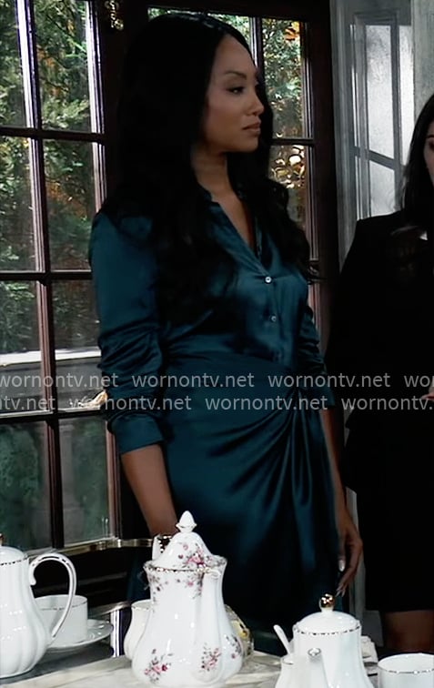 Jordan’s teal green satin shirtdress on General Hospital
