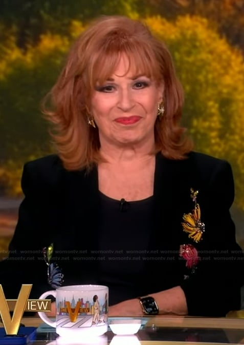 Joy’s black floral embellished blazer on The View