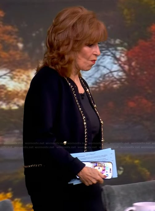 Joy's navy embellished trim cardigan on The View