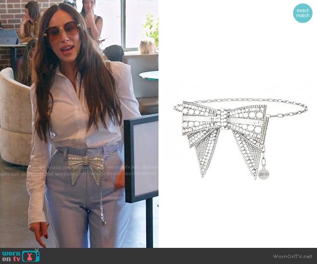 Judith Leiber Pearl Crystal Bow Silver Chain Belt worn by Angie Katsanevas on The Real Housewives of Salt Lake City