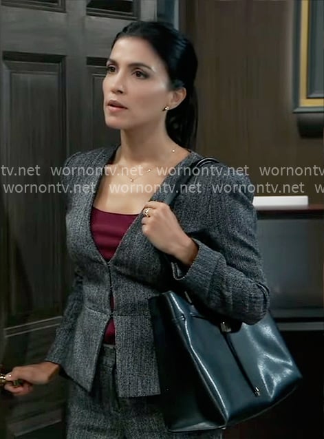 Justine’s grey peplum jacket and tote bag on General Hospital