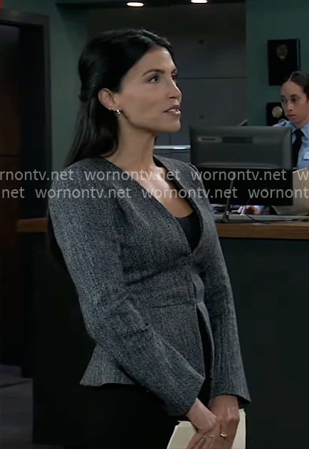Justine's grey peplum jacket and tote bag on General Hospital