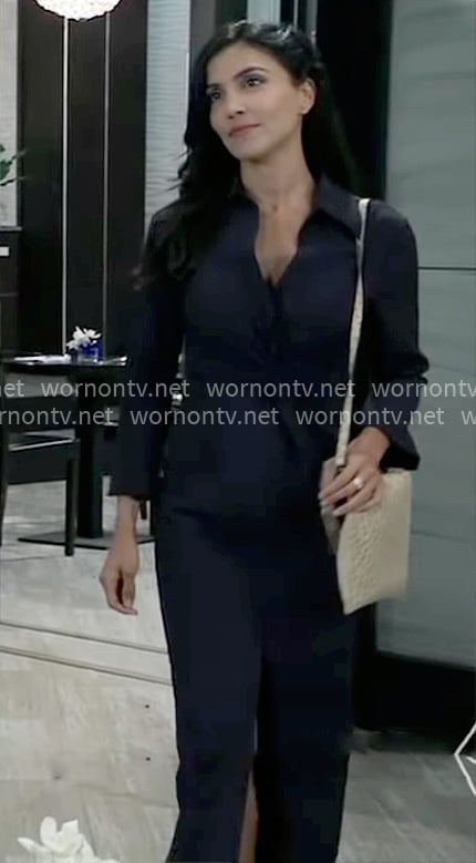 Justine's navy twist front shirtdress on General Hospital
