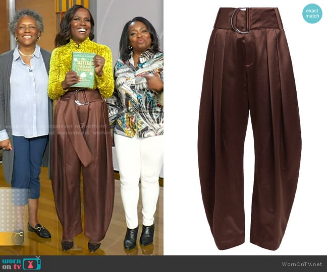 JW Anderson Pleated Satin D-Ring Wide-Leg Tousers in Chestnut worn by Deborah Roberts on Good Morning America