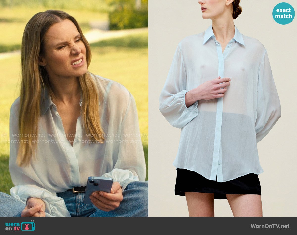 Kallmeyer Ilia Balloon Sleeve Blouse in Pale Blue Silk Chiffon worn by Joanne (Kristen Bell) on Nobody Wants This