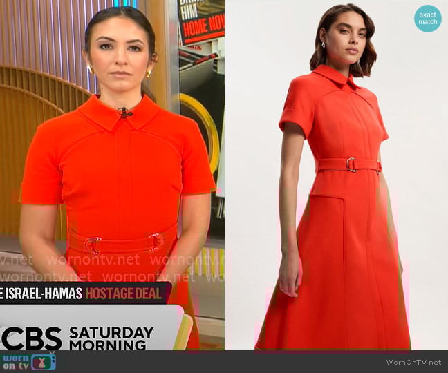Karen Millen Compact Stretch Tab Detail Full Skirted Midi Dress in Tomato Red worn by Ali Bauman on CBS Mornings