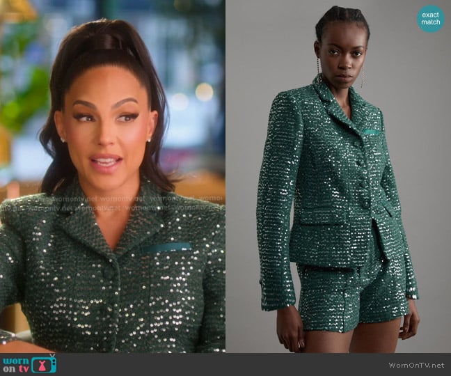 Karen Millen Tailored Sequin Tweed Single Breasted Blazer in Forest worn by Amanza Smith on Selling Sunset