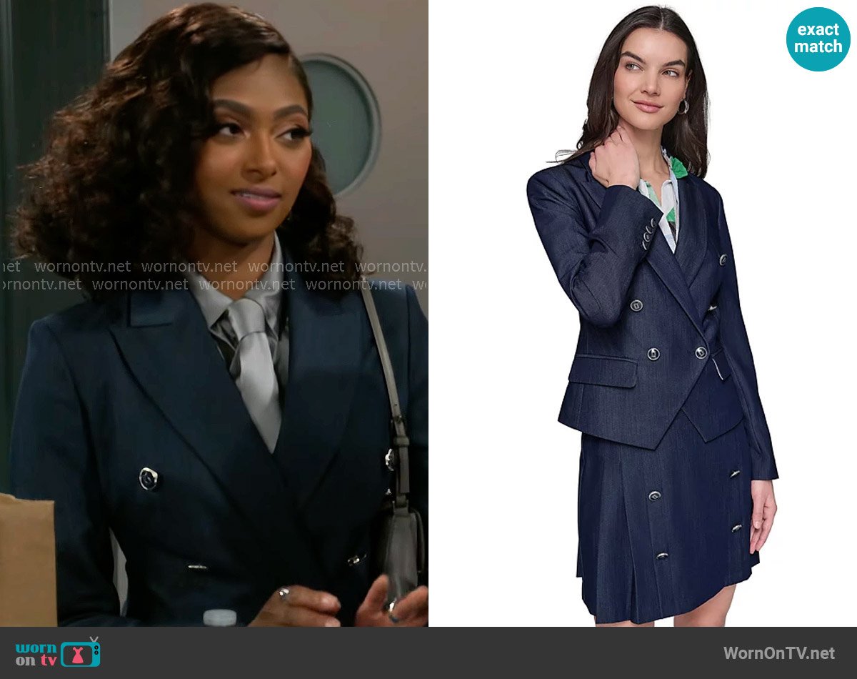 Karl Lagerfeld Paris Double-Breasted Faux-Denim Jacket worn by Kat Richardson (Colby Muhammad) on Beyond the Gates