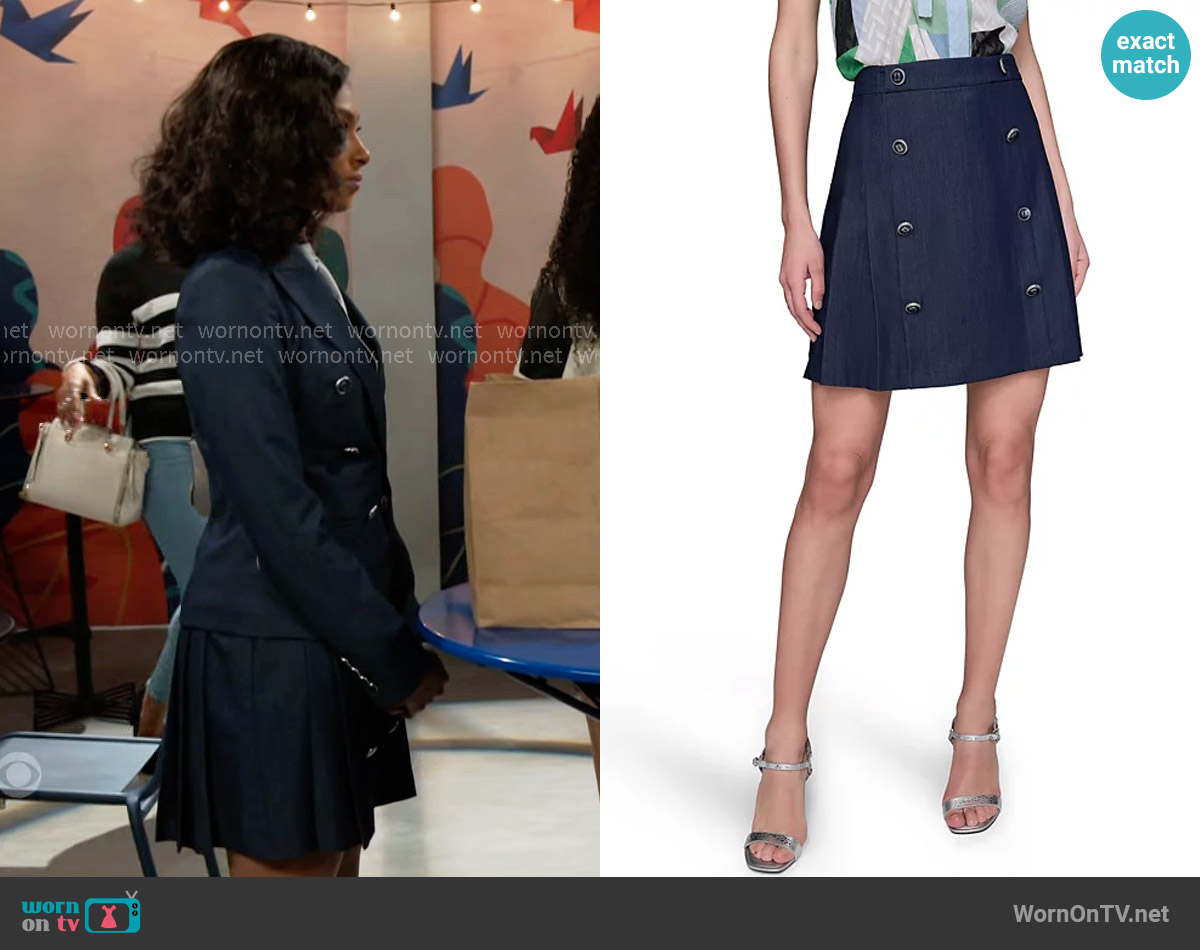 Karl Lagerfeld Paris Pleated Button-Trim Skirt worn by Kat Richardson (Colby Muhammad) on Beyond the Gates