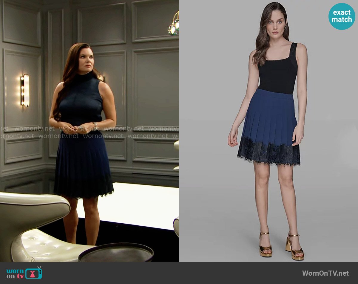 Karl Lagerfeld Paris Pleated Lace-Trim Mini Skirt worn by Katie Logan (Heather Tom) on The Bold and the Beautiful