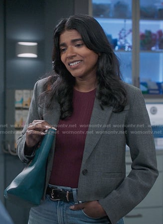 Kavita's grey plaid cropped blazer on Greys Anatomy